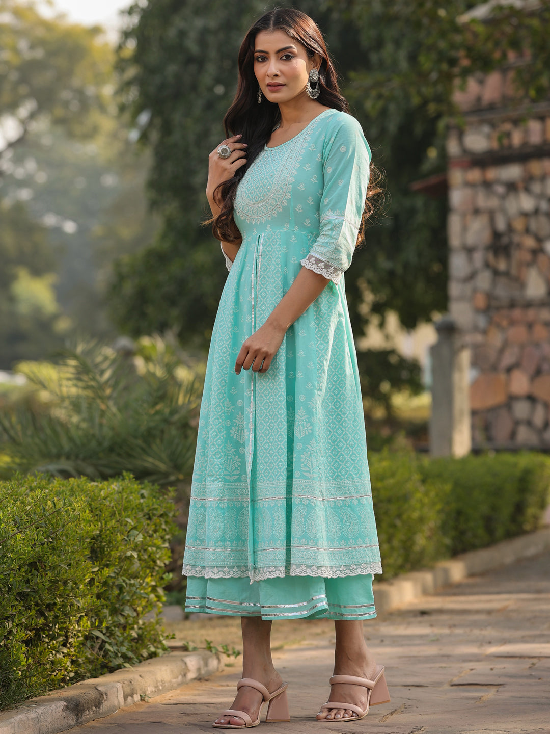 Aqua Cambric Floral Printed Double Layered Kalidar Dress