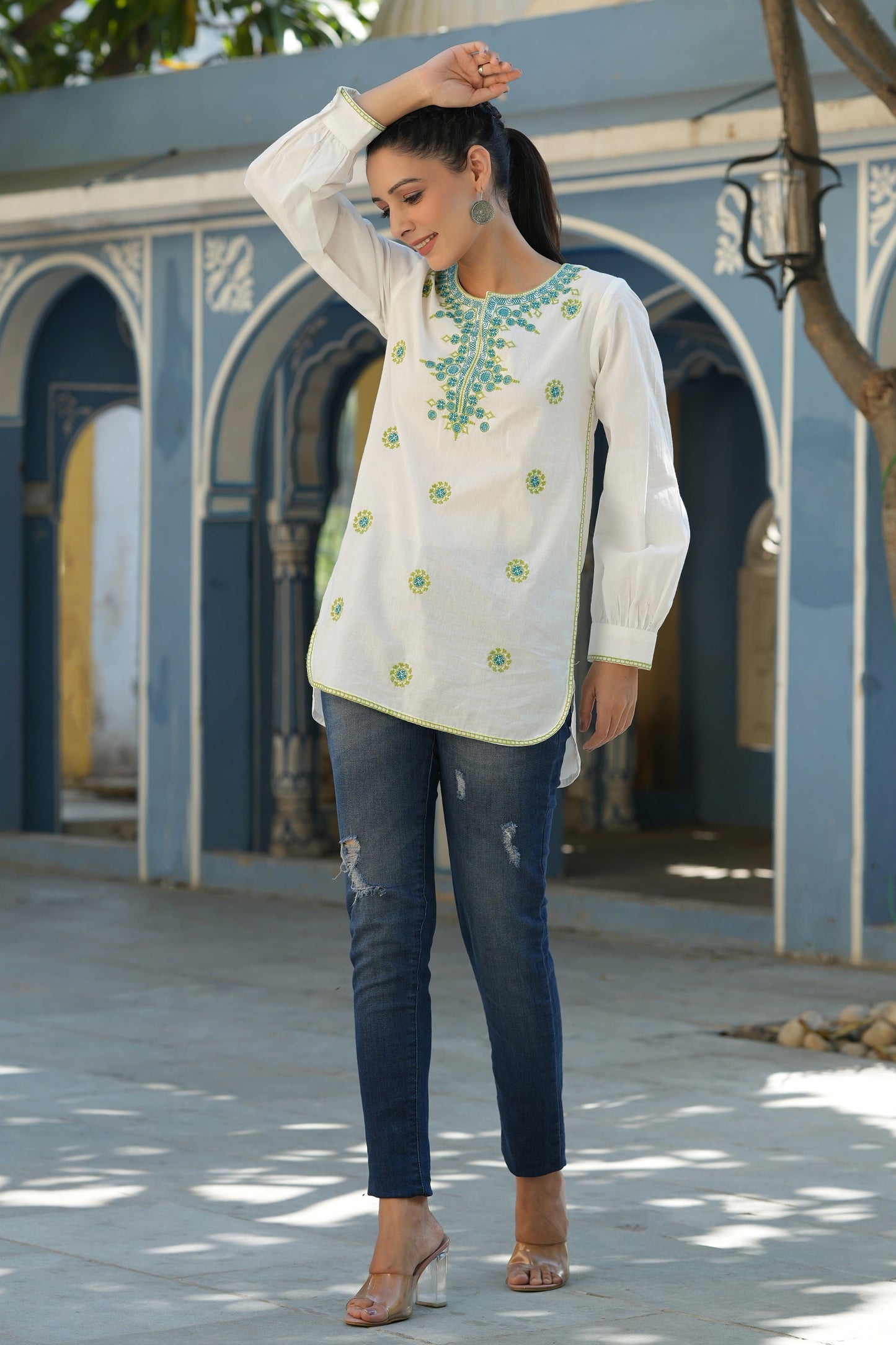 Off-White Cambric Solid Embroidery Tunic