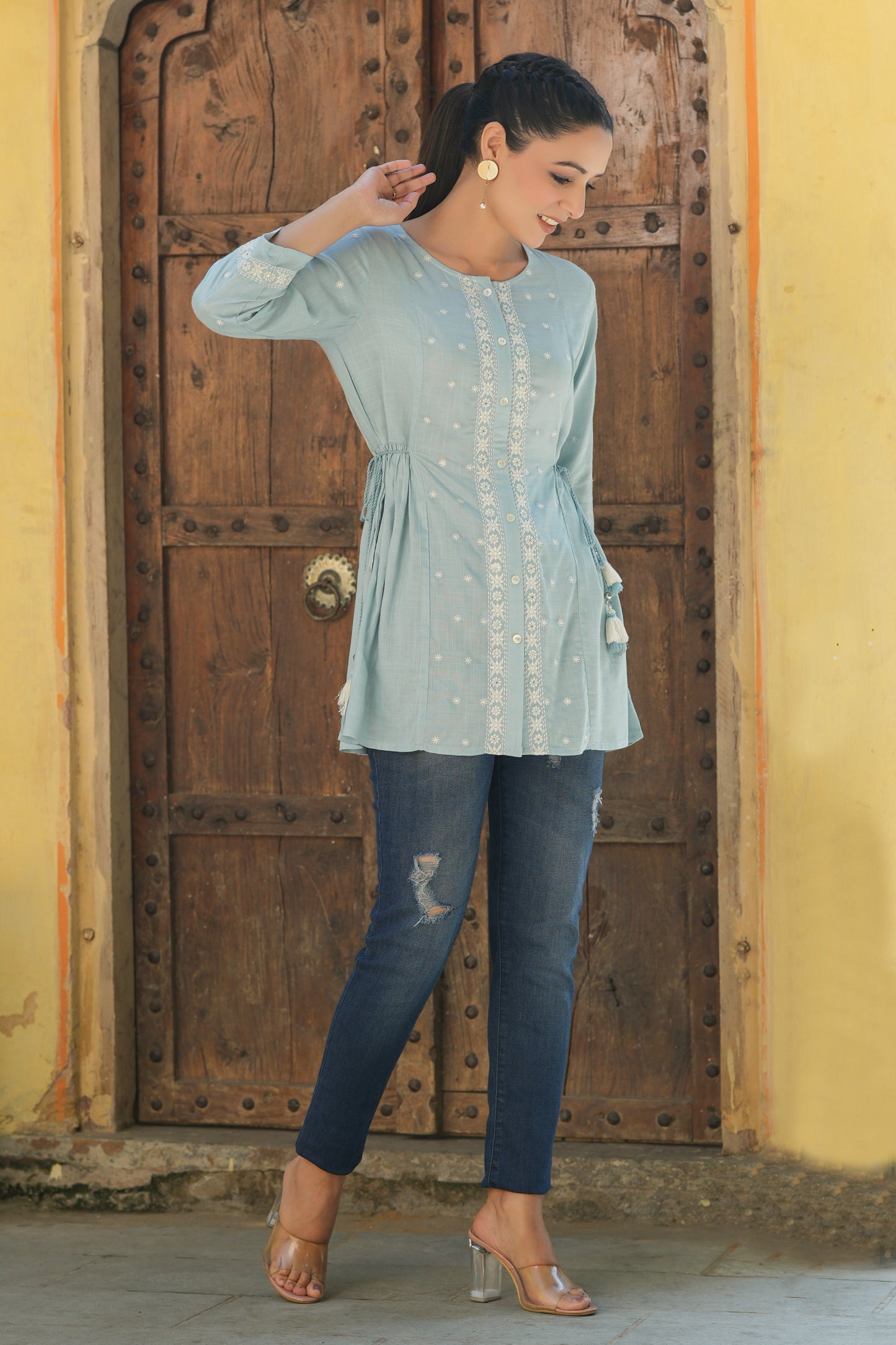 Blue Rayon Slub Solid Embroidered Straight Tunic