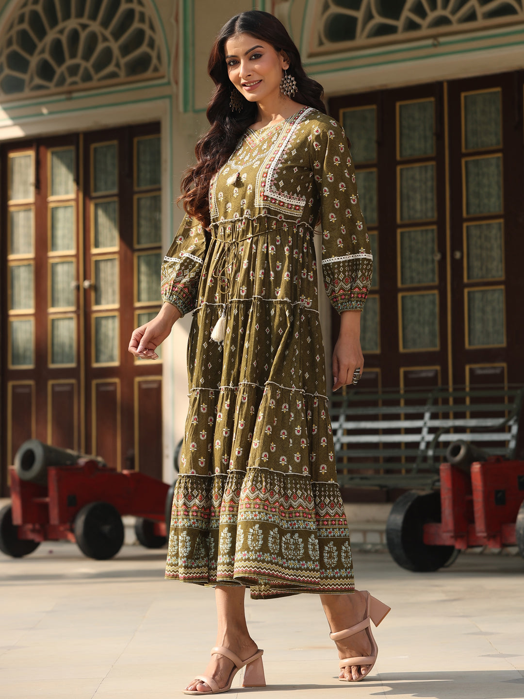Olive Cotton Cambric Printed Tiered Maxi Dress