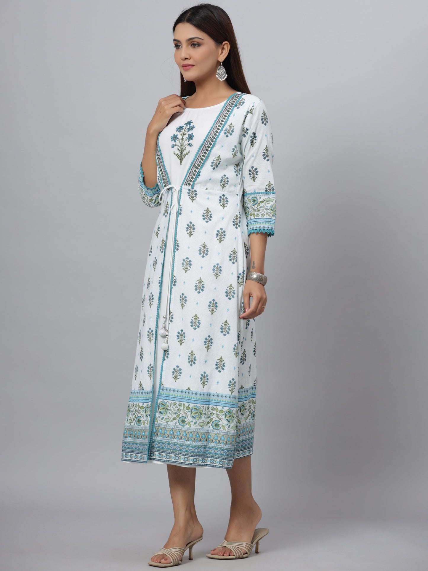 Blue Printed Embroidered A-Line Kurta