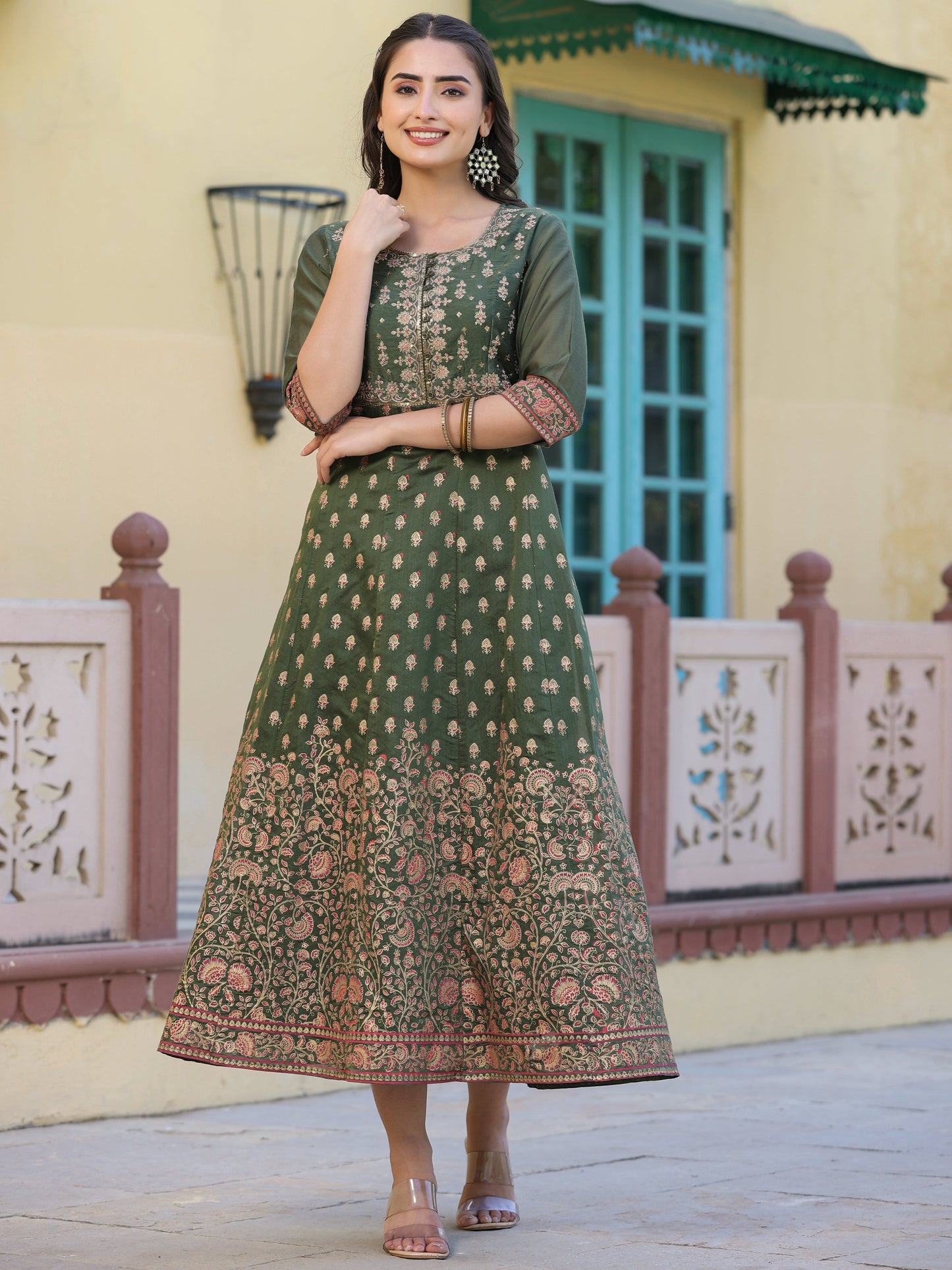 Olive Modal Chanderi Printed Anarkali Dress