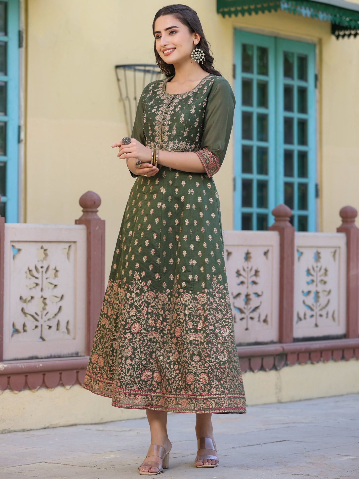 Olive Modal Chanderi Printed Anarkali Dress