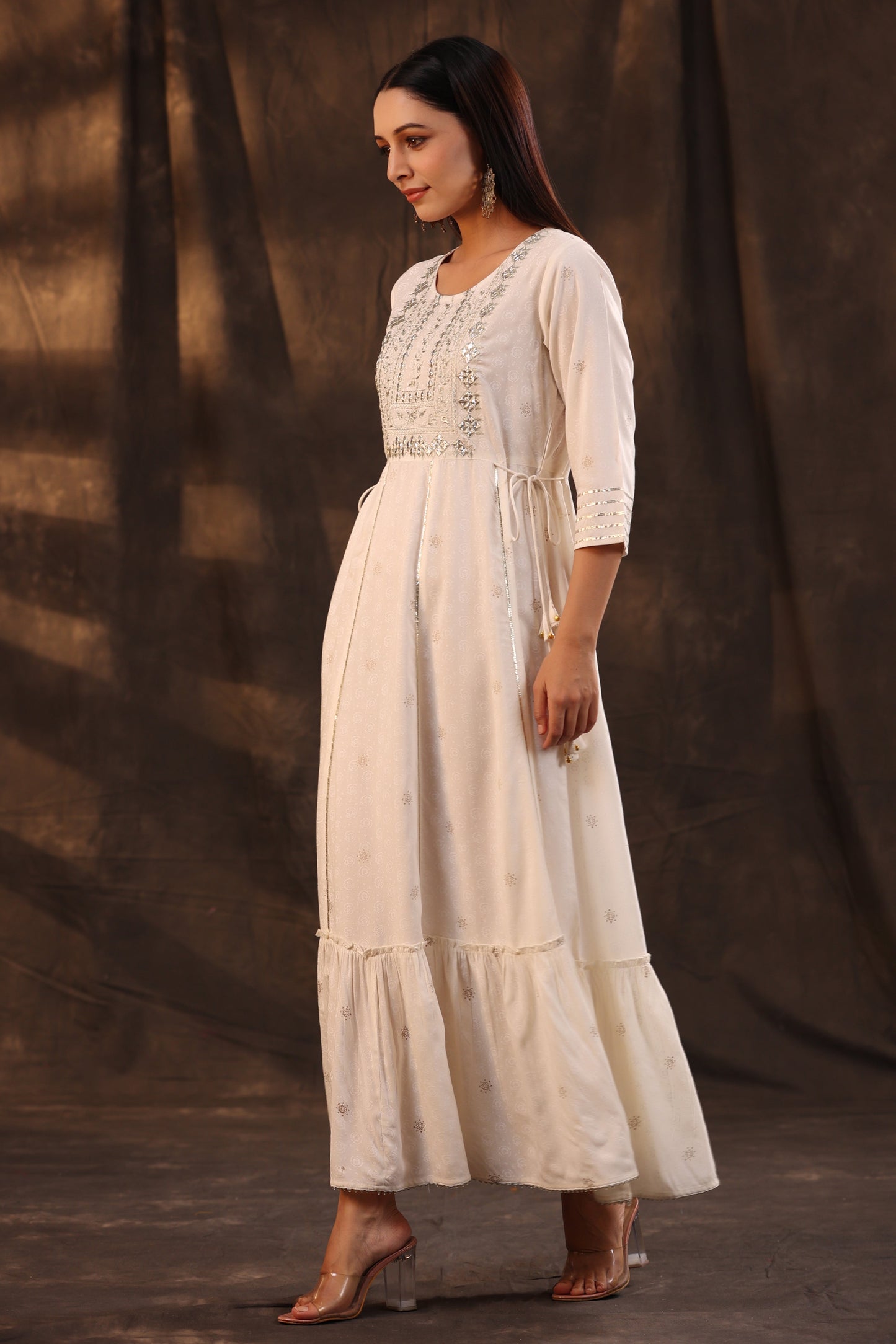 Ivory Rayon Staple Printed Embroidered Flared Dress