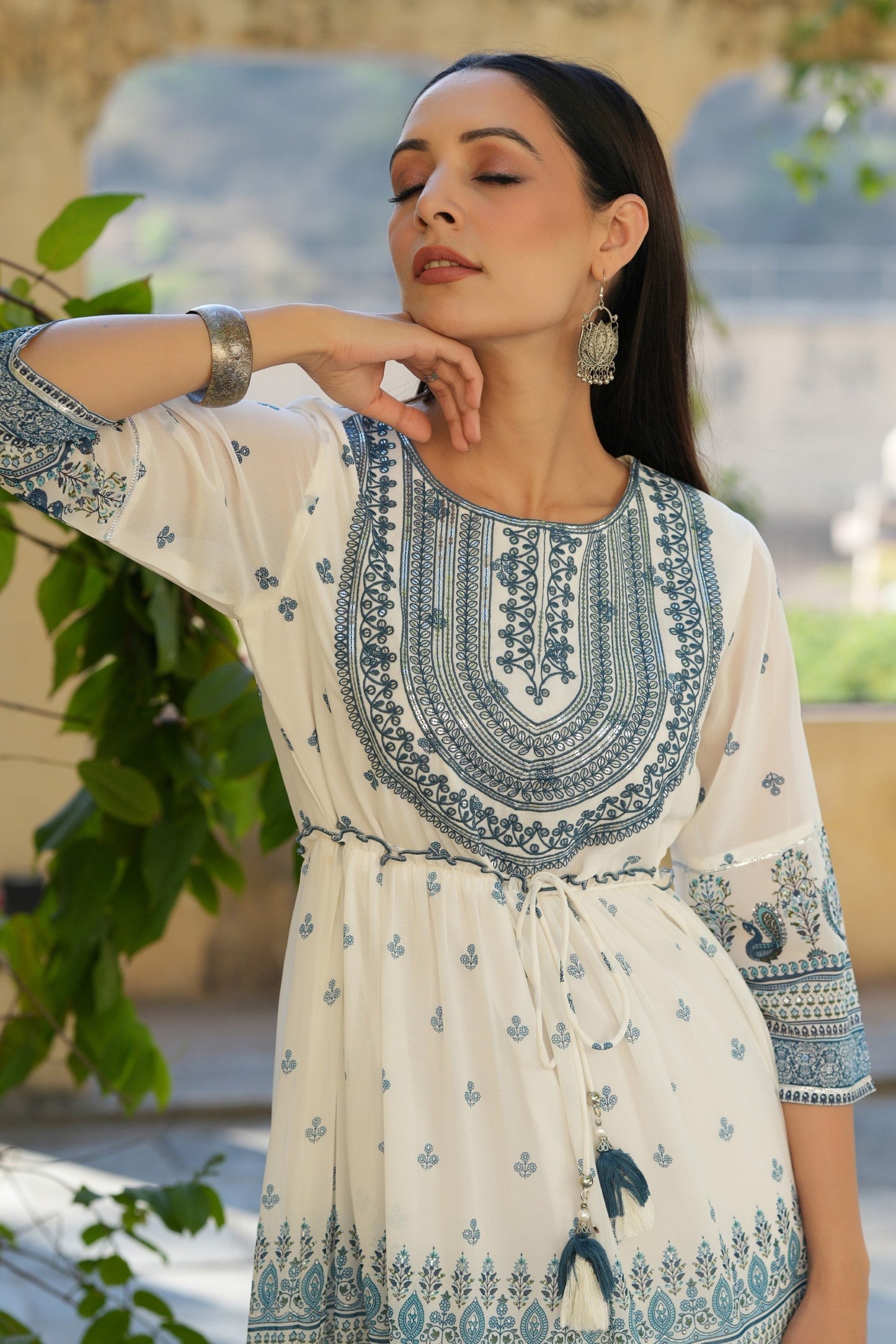 Off-White Georgette Printed Embroidered Flared Dress