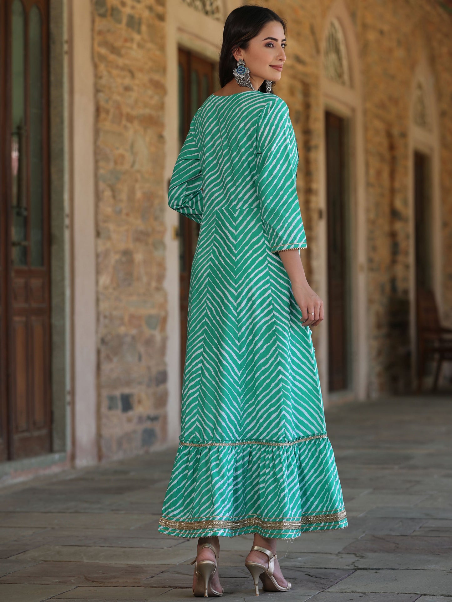 Green Printed Embroidered Mirror Work Sequin Cotton Flared Dress