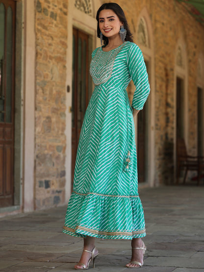 Green Printed Embroidered Mirror Work Sequin Cotton Flared Dress