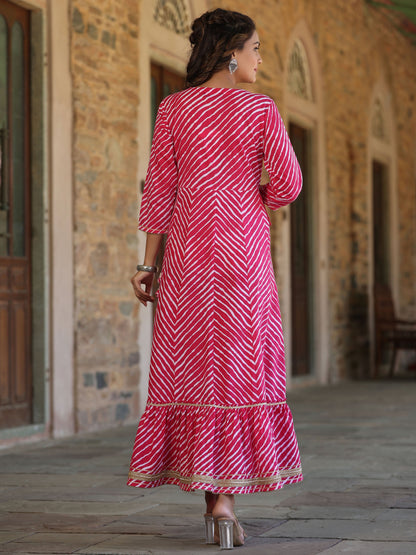 Fuchsia Printed Embroidered Mirror Work Sequin Cotton Flared Dress