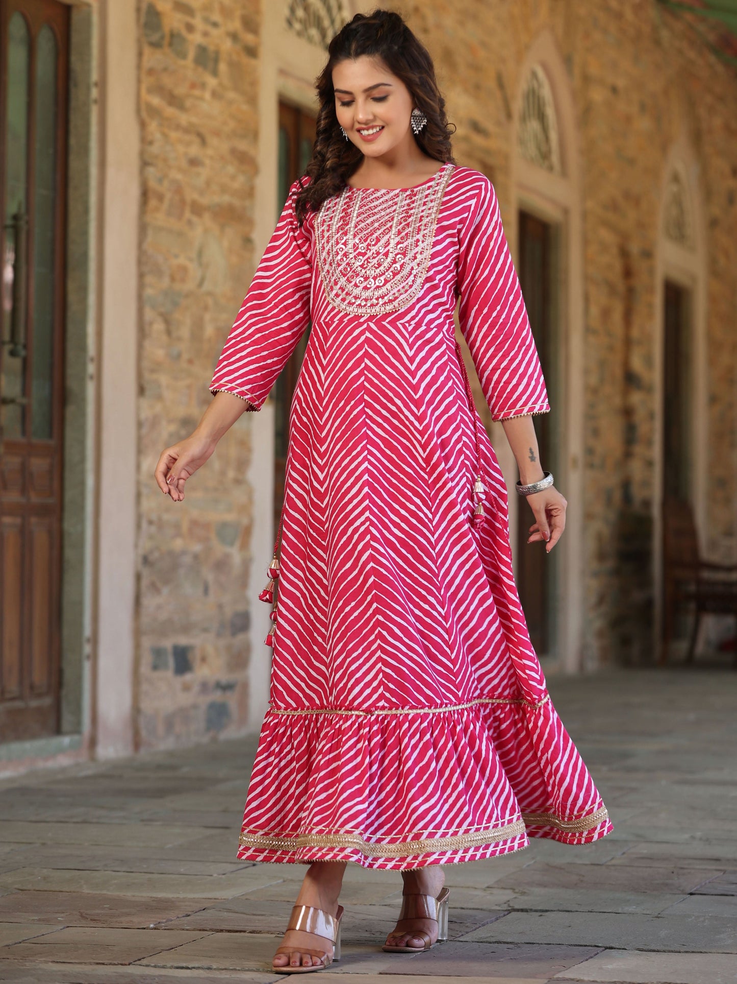 Fuchsia Printed Embroidered Mirror Work Sequin Cotton Flared Dress