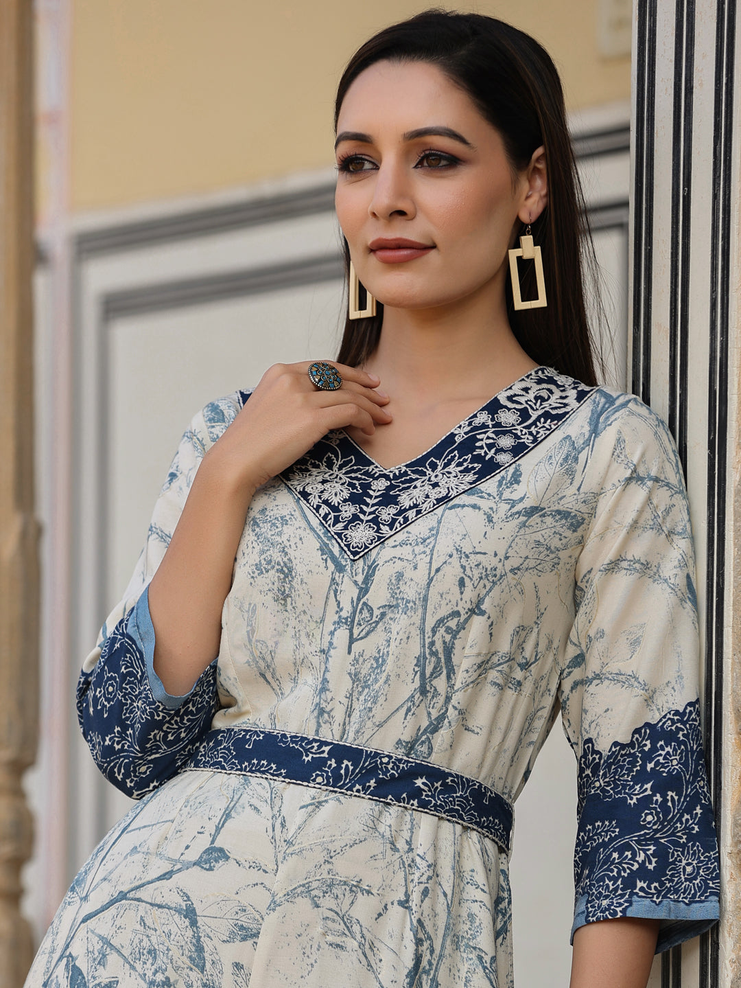 Offwhite Rayon Staple Printed With Embroidery Straight Jumpsuit