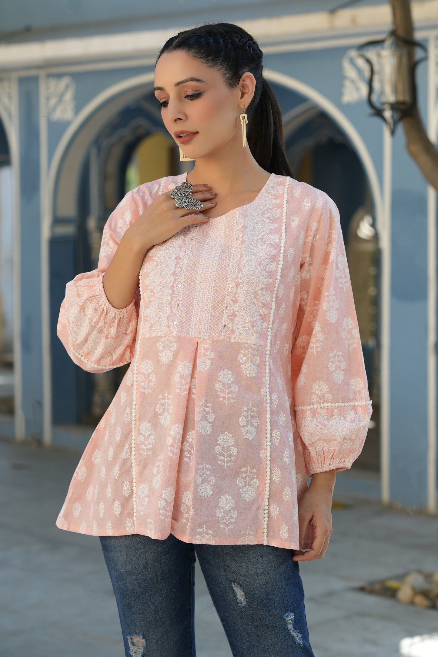 Peach Cambric Placement Floral Printed Tunic