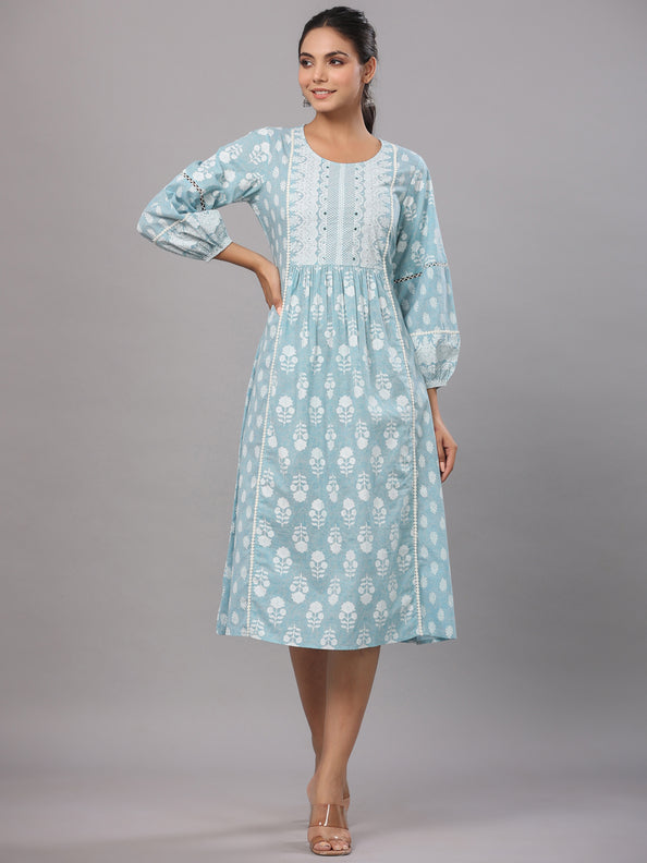 Sky Blue Printed A-Line Dress