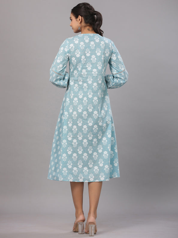Sky Blue Printed A-Line Dress