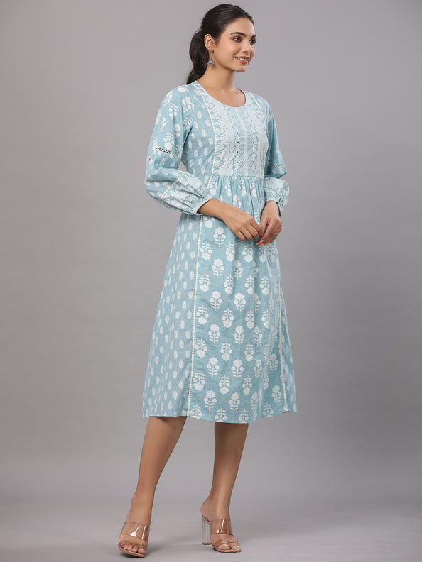 Sky Blue Printed A-Line Dress