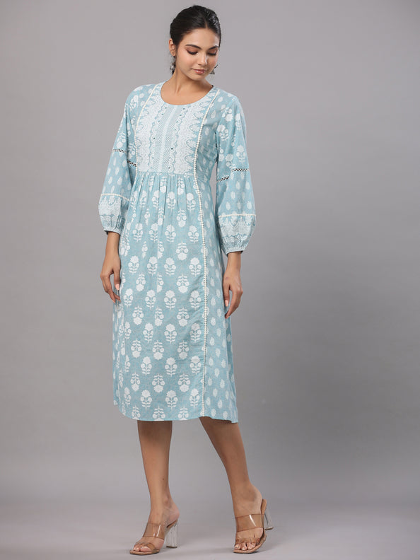 Sky Blue Printed A-Line Dress