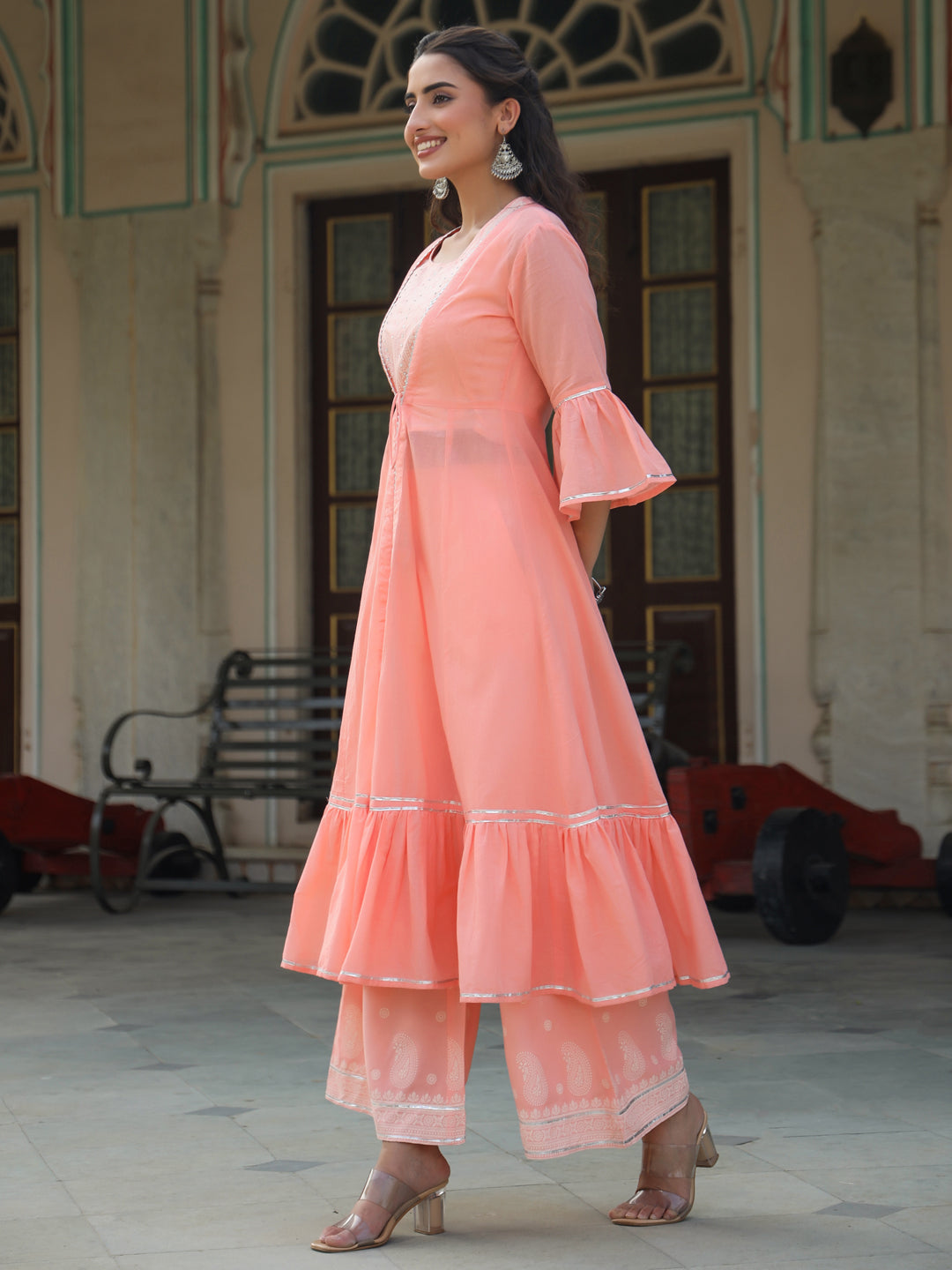 Peach Rayon Solid With Printed Flared Kurta Sets