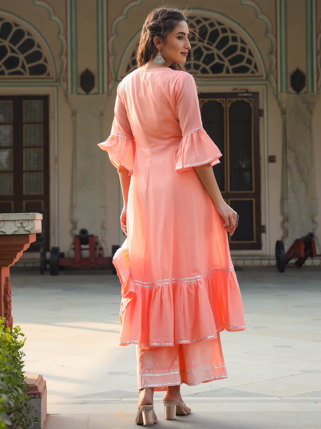 Peach Rayon Solid With Printed Flared Kurta Sets