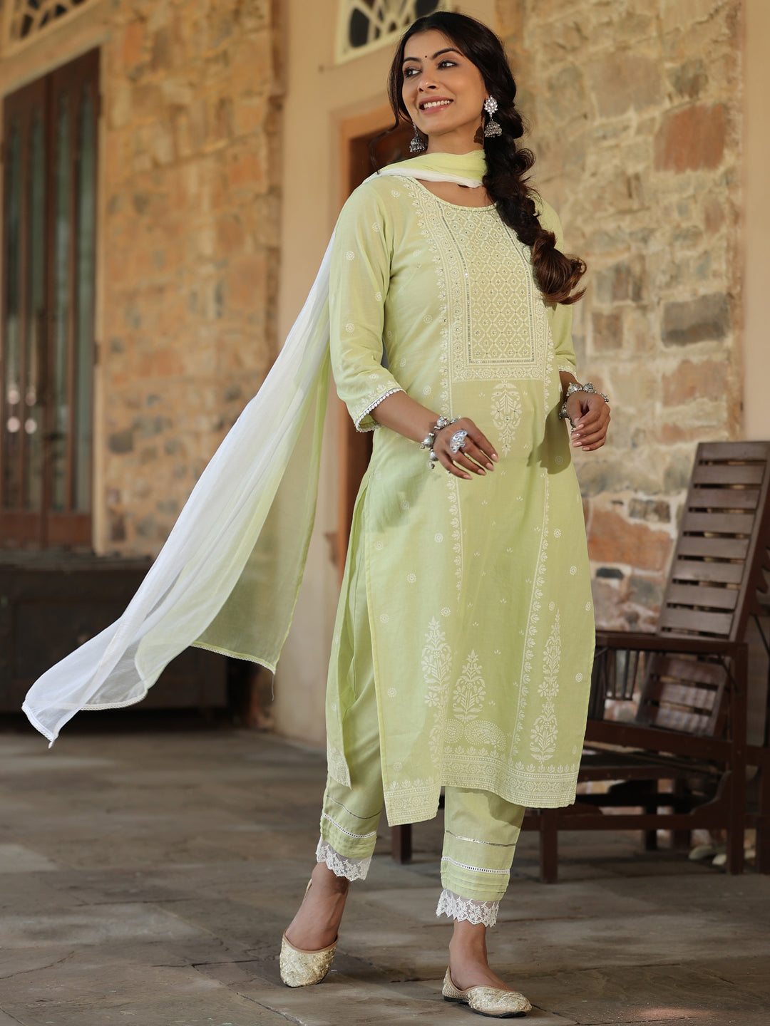 Lime Green Cambric Floral Print Kurta Straight Pant And Dupatta Sets