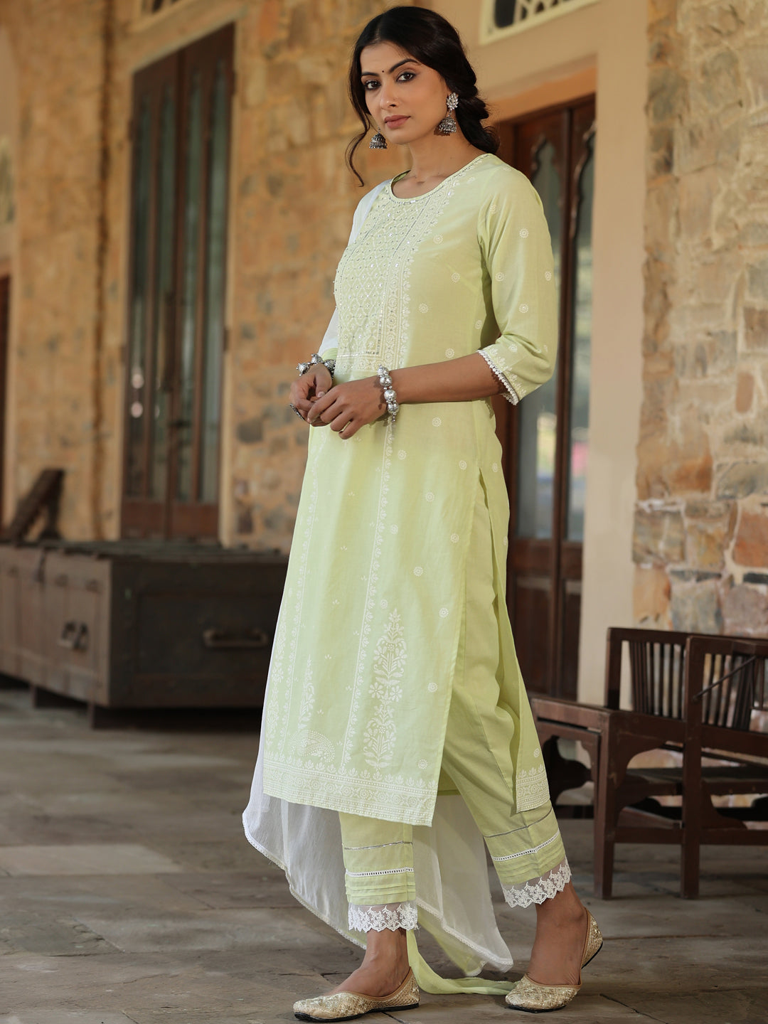 Lime Green Cambric Floral Print Kurta Straight Pant And Dupatta Sets