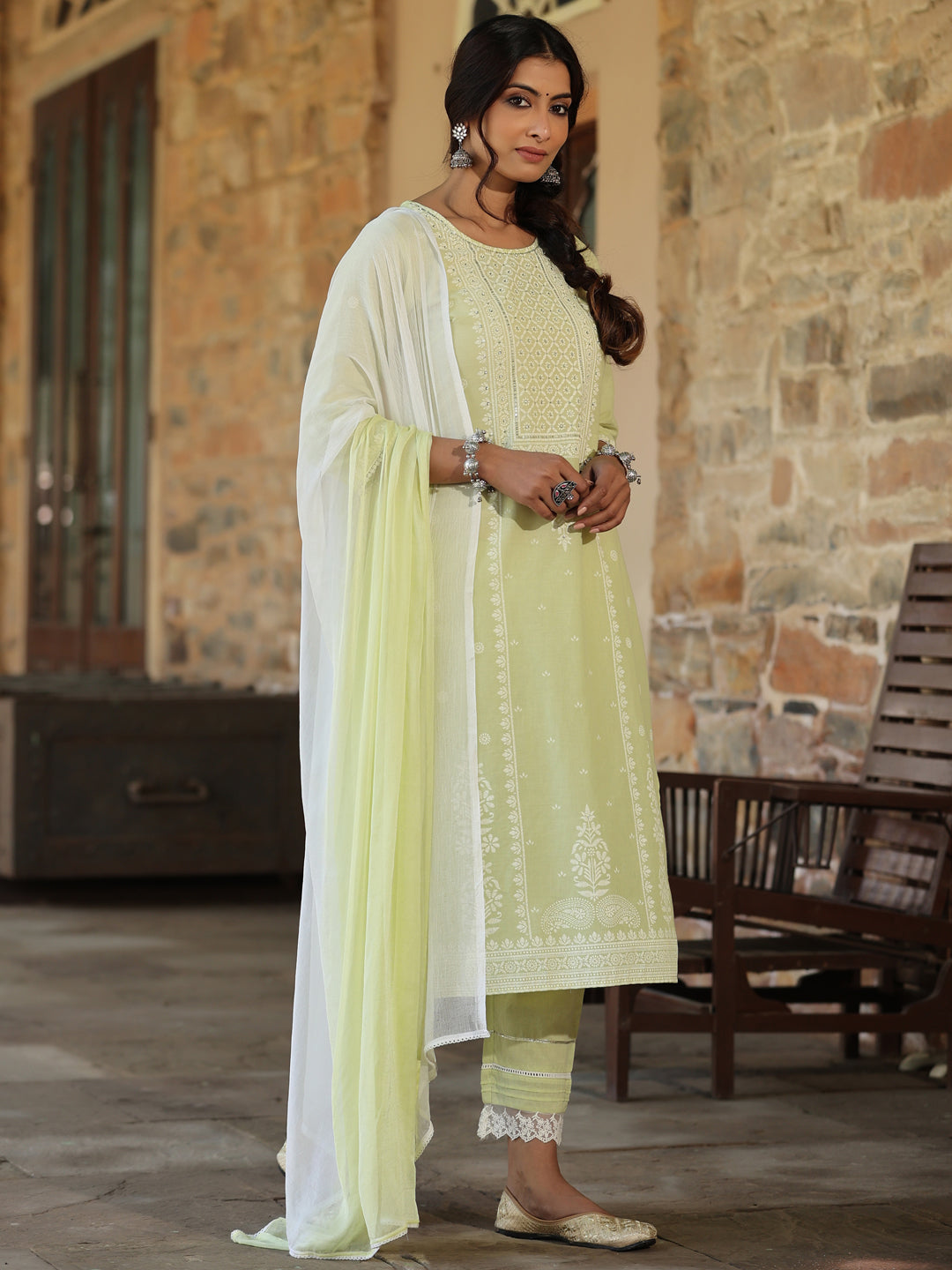 Lime Green Cambric Floral Print Kurta Straight Pant And Dupatta Sets