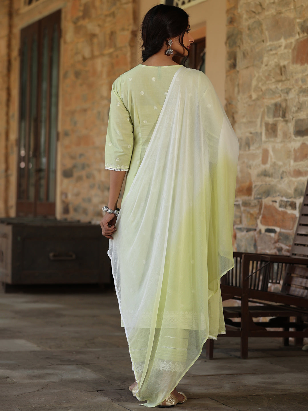 Lime Green Cambric Floral Print Kurta Straight Pant And Dupatta Sets