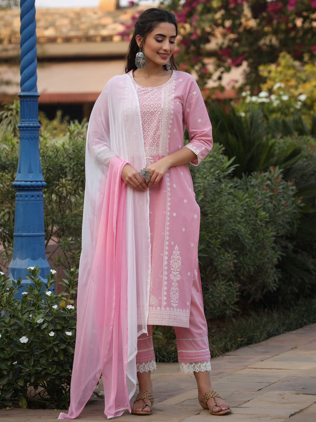 Pink Cambric Floral Print Kurta Straight Pant And Dupatta Sets