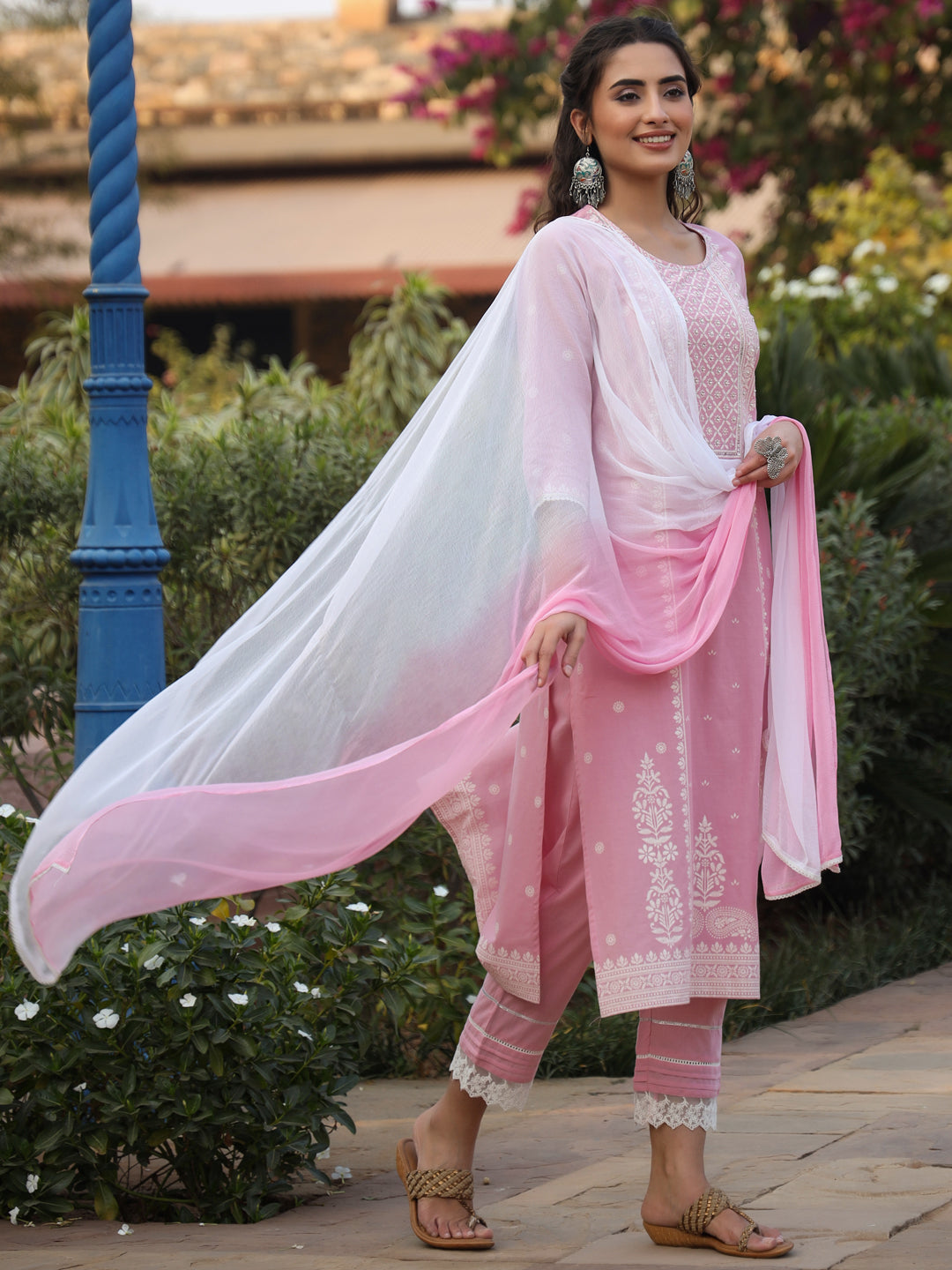 Pink Cambric Floral Print Kurta Straight Pant And Dupatta Sets