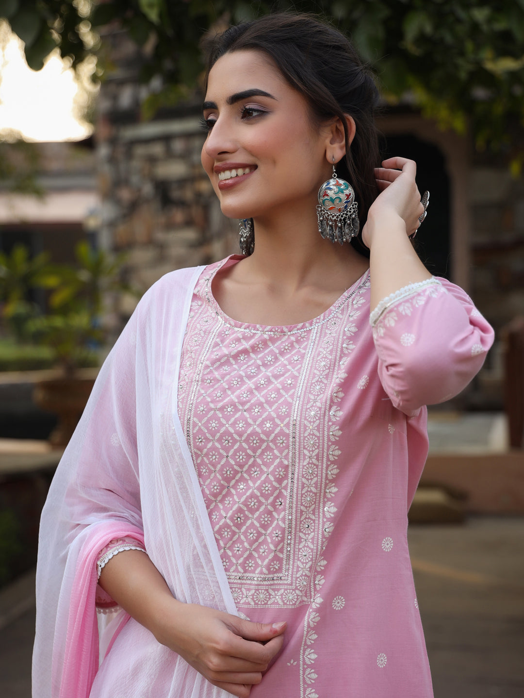Pink Cambric Floral Print Kurta Straight Pant And Dupatta Sets