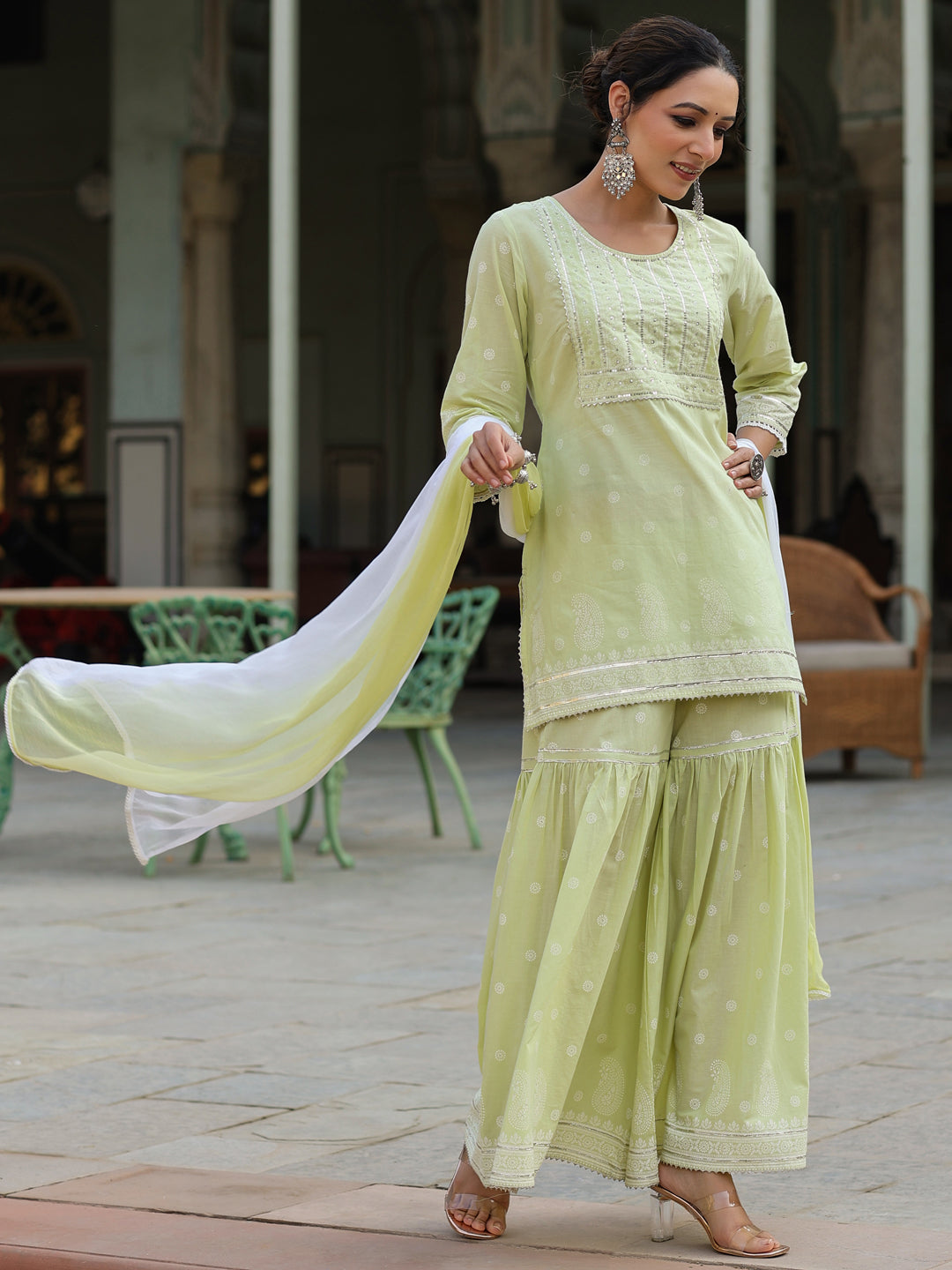 Lime Green Cambric Floral Print Kurta Sharara Sets