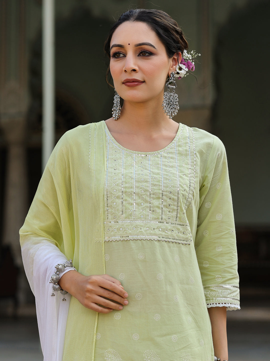 Lime Green Cambric Floral Print Kurta Sharara Sets