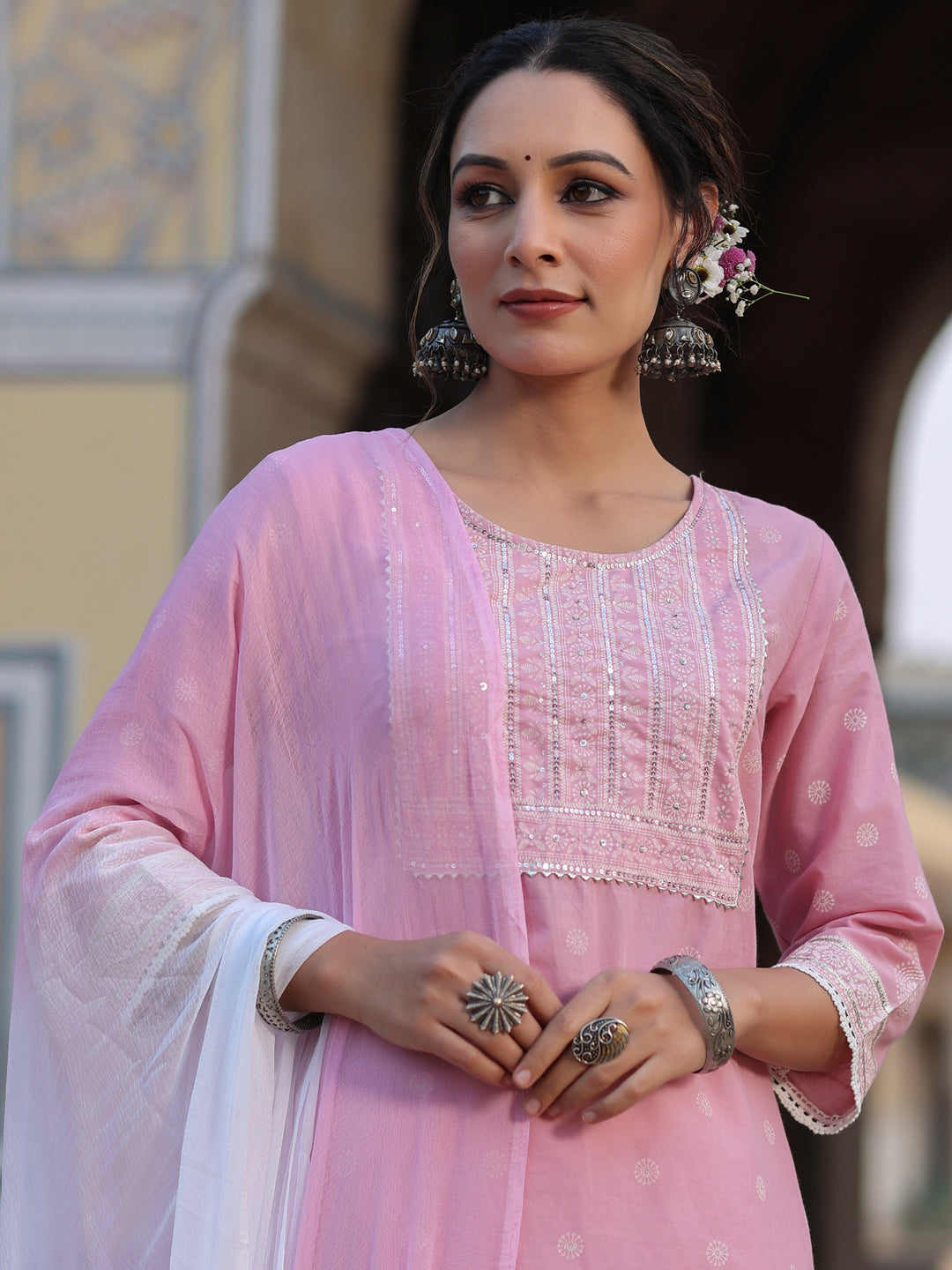 Pink Cambric Floral Print Kurta Sharara Sets
