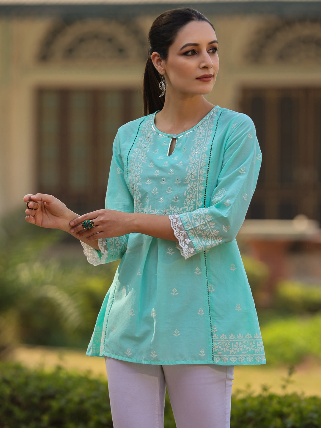 Aqua Cambric Floral Printed Tunic