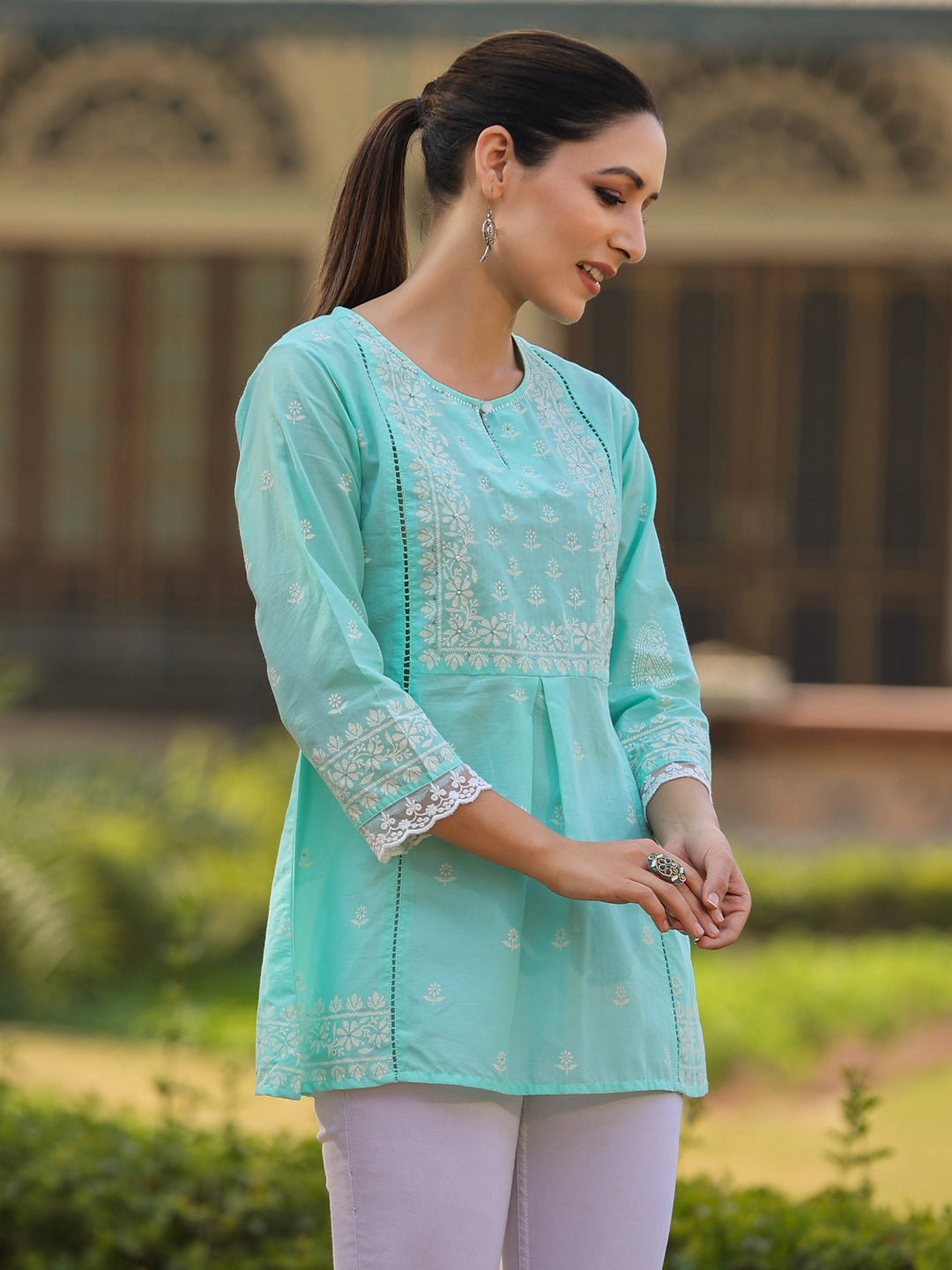 Aqua Cambric Floral Printed Tunic