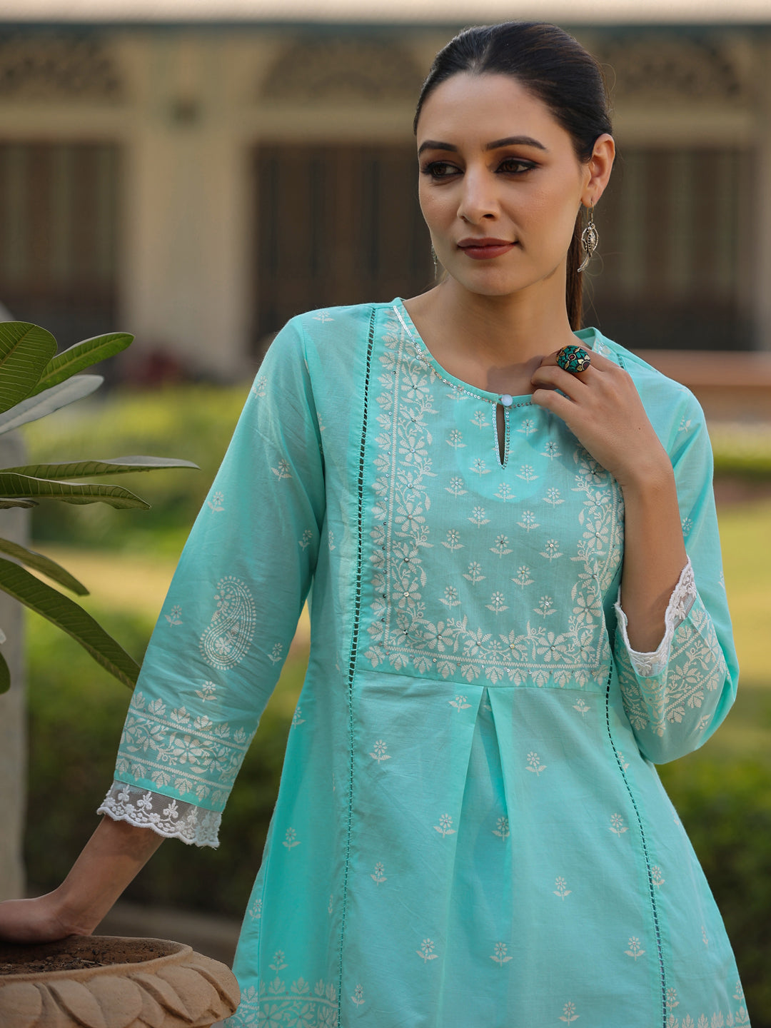 Aqua Cambric Floral Printed Tunic