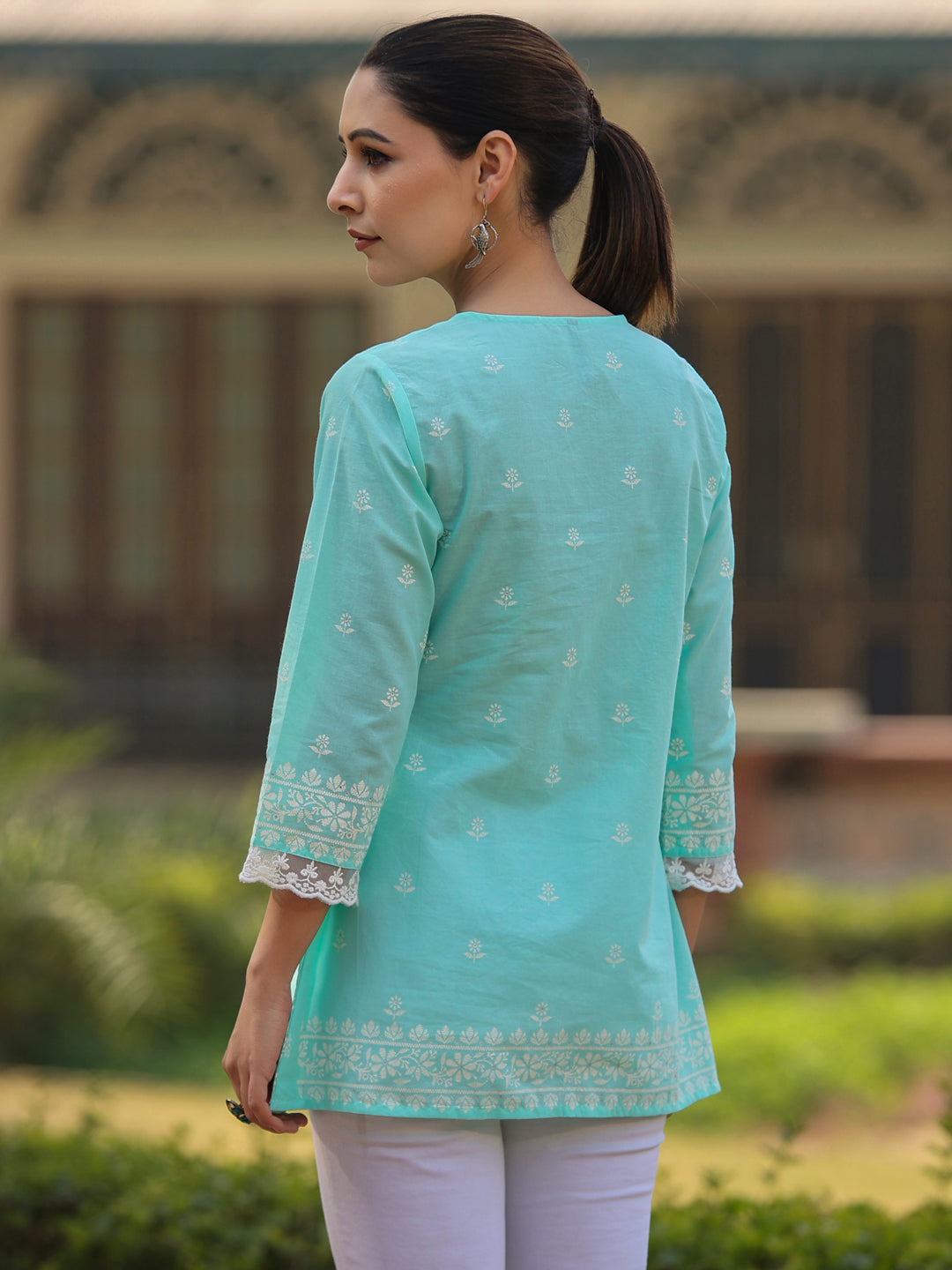 Aqua Cambric Floral Printed Tunic
