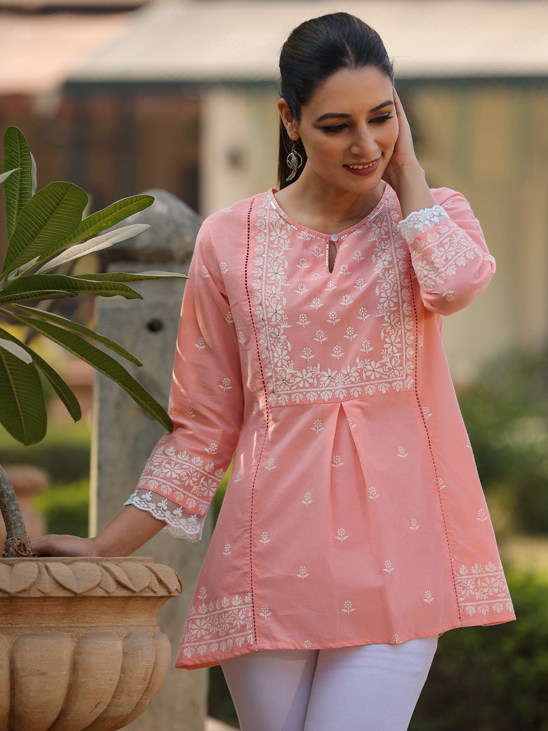 Peach Cambric Floral Printed Tunic