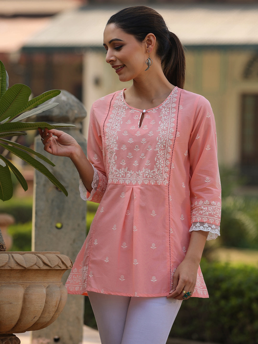 Peach Cambric Floral Printed Tunic