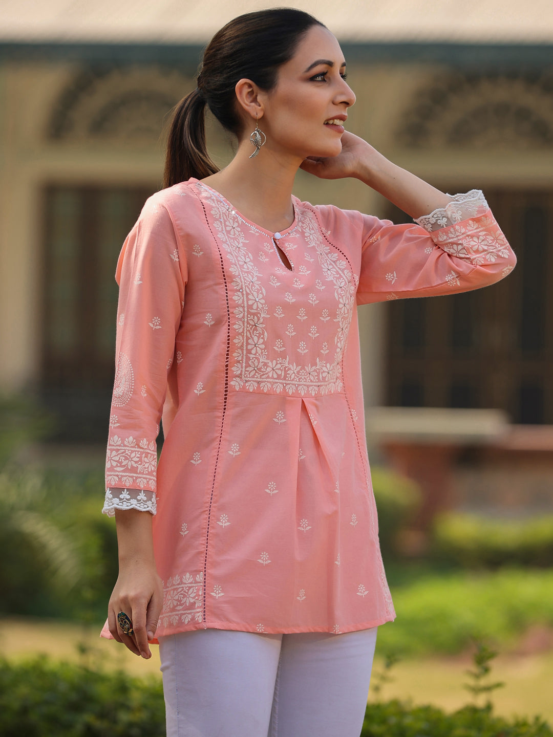 Peach Cambric Floral Printed Tunic