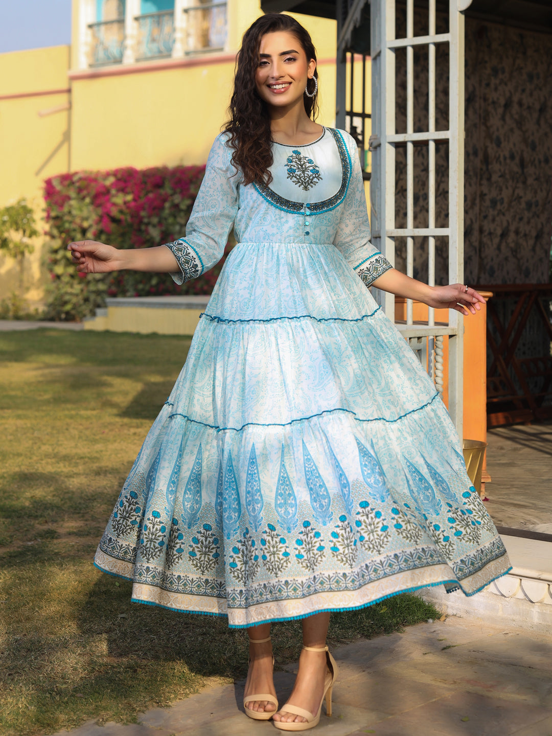 Sky Blue Cotton Voile Printed Tiered Maxi Dress