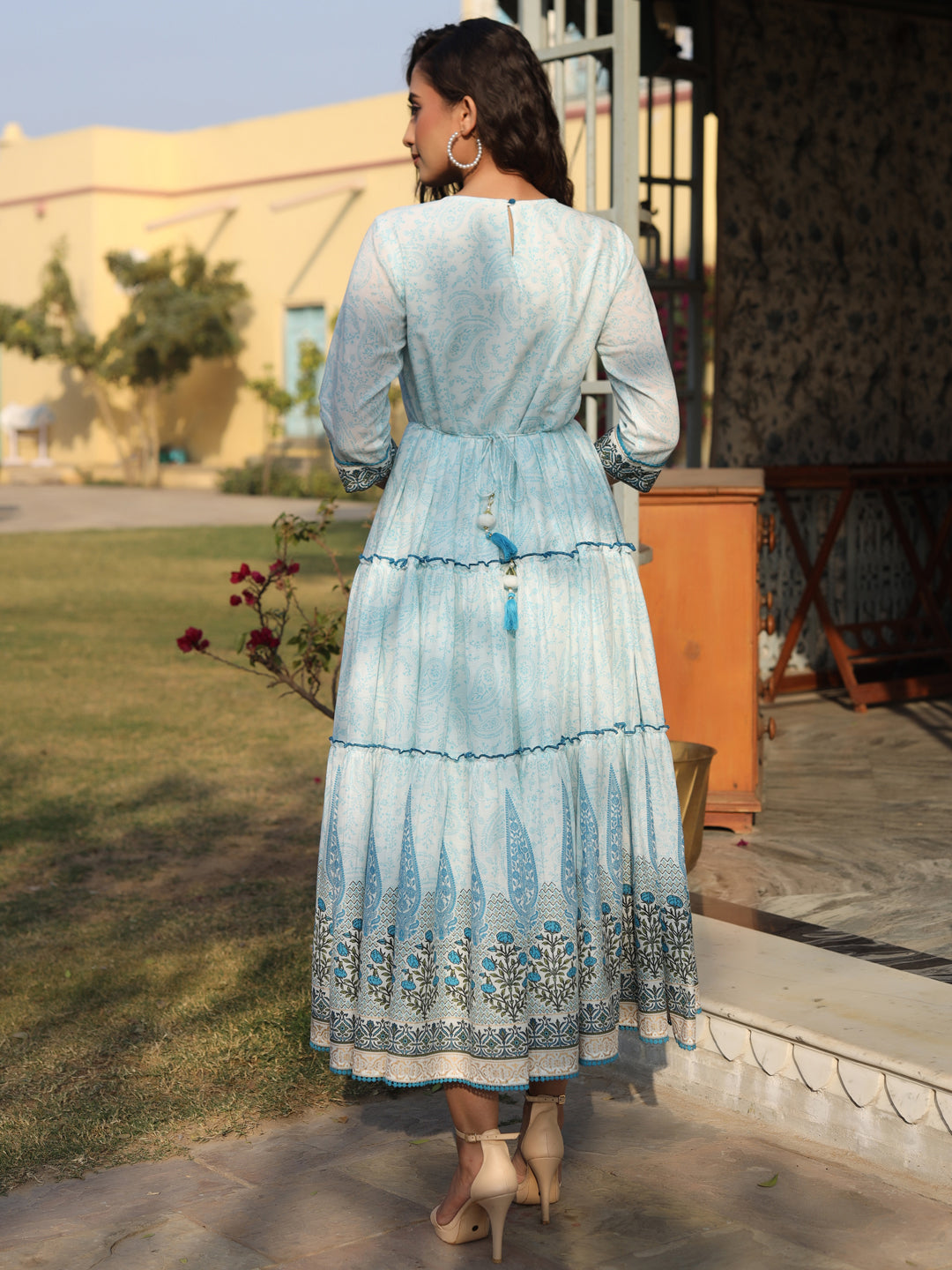 Sky Blue Cotton Voile Printed Tiered Maxi Dress