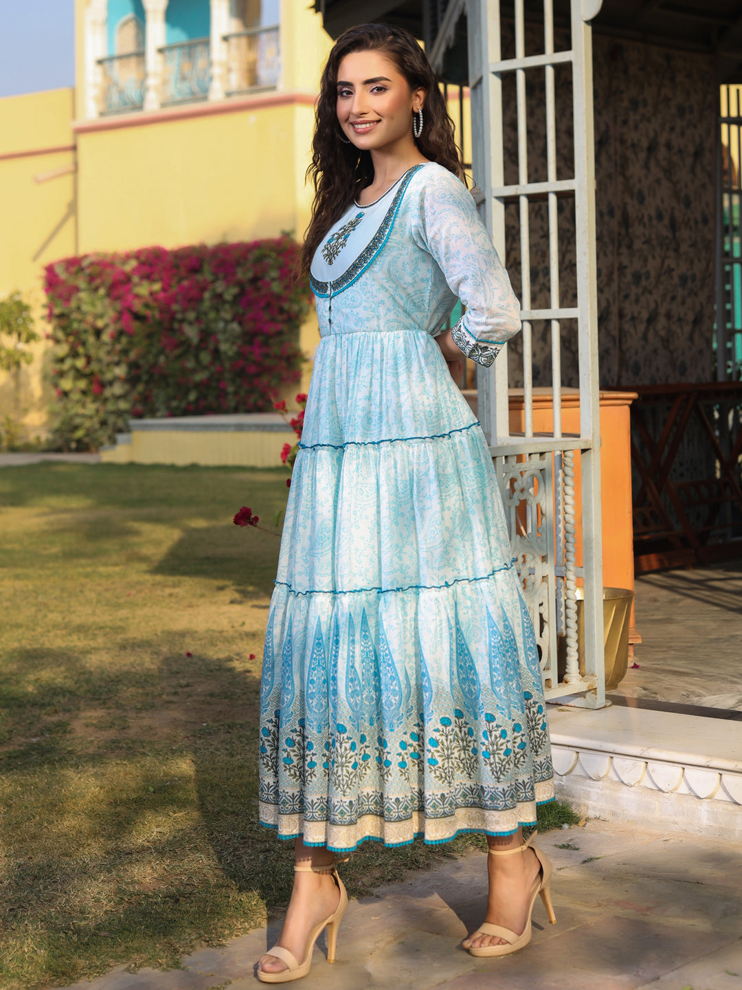 Sky Blue Cotton Voile Printed Tiered Maxi Dress