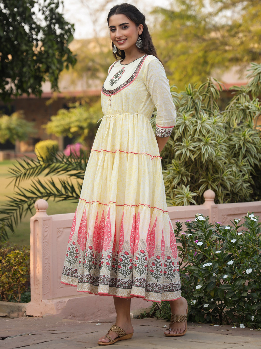 Yellow Cotton Voile Printed Tiered Maxi Dress