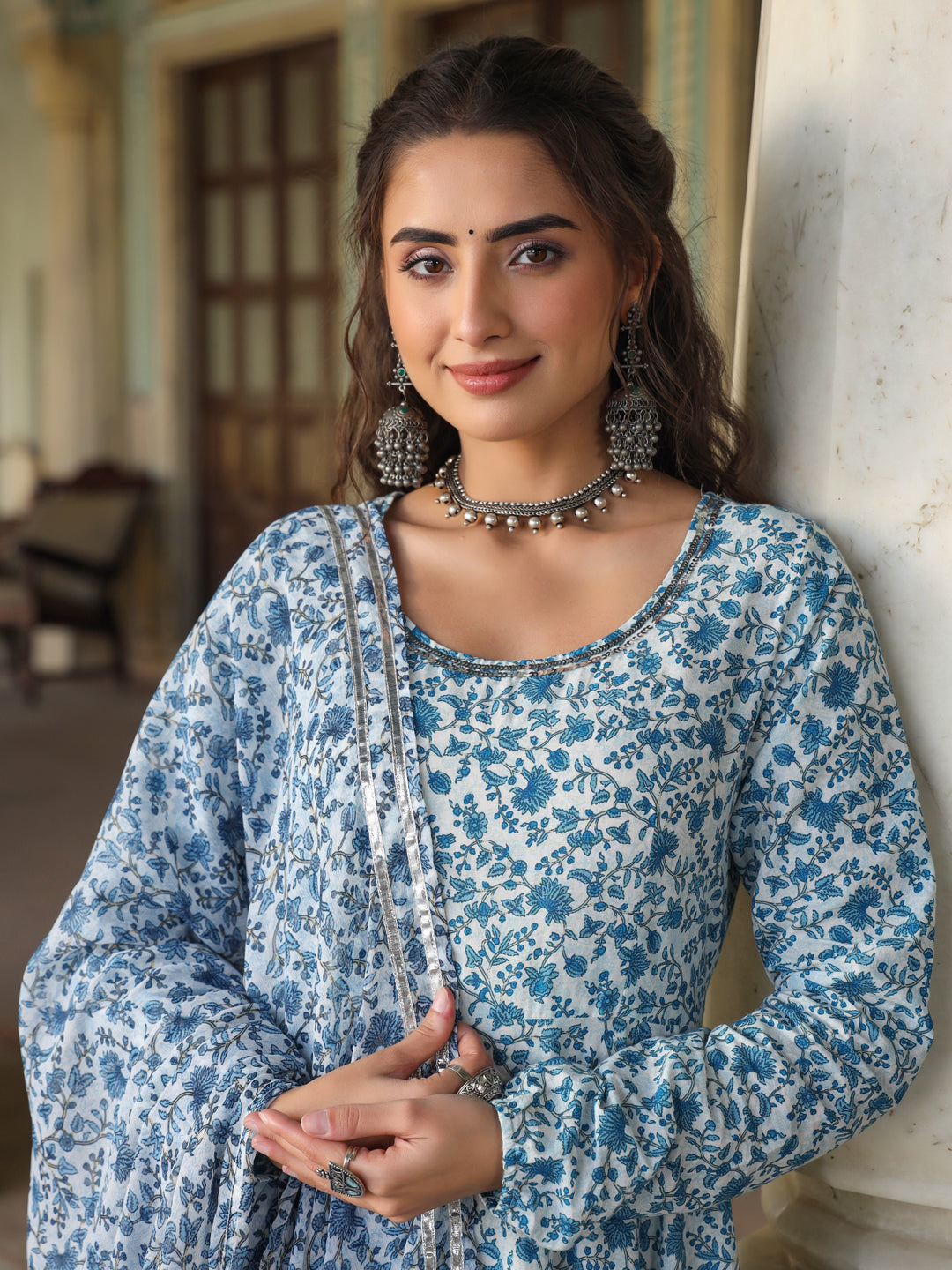 Blue Cambric Floral Printed Circular Kurta Dupatta Sets