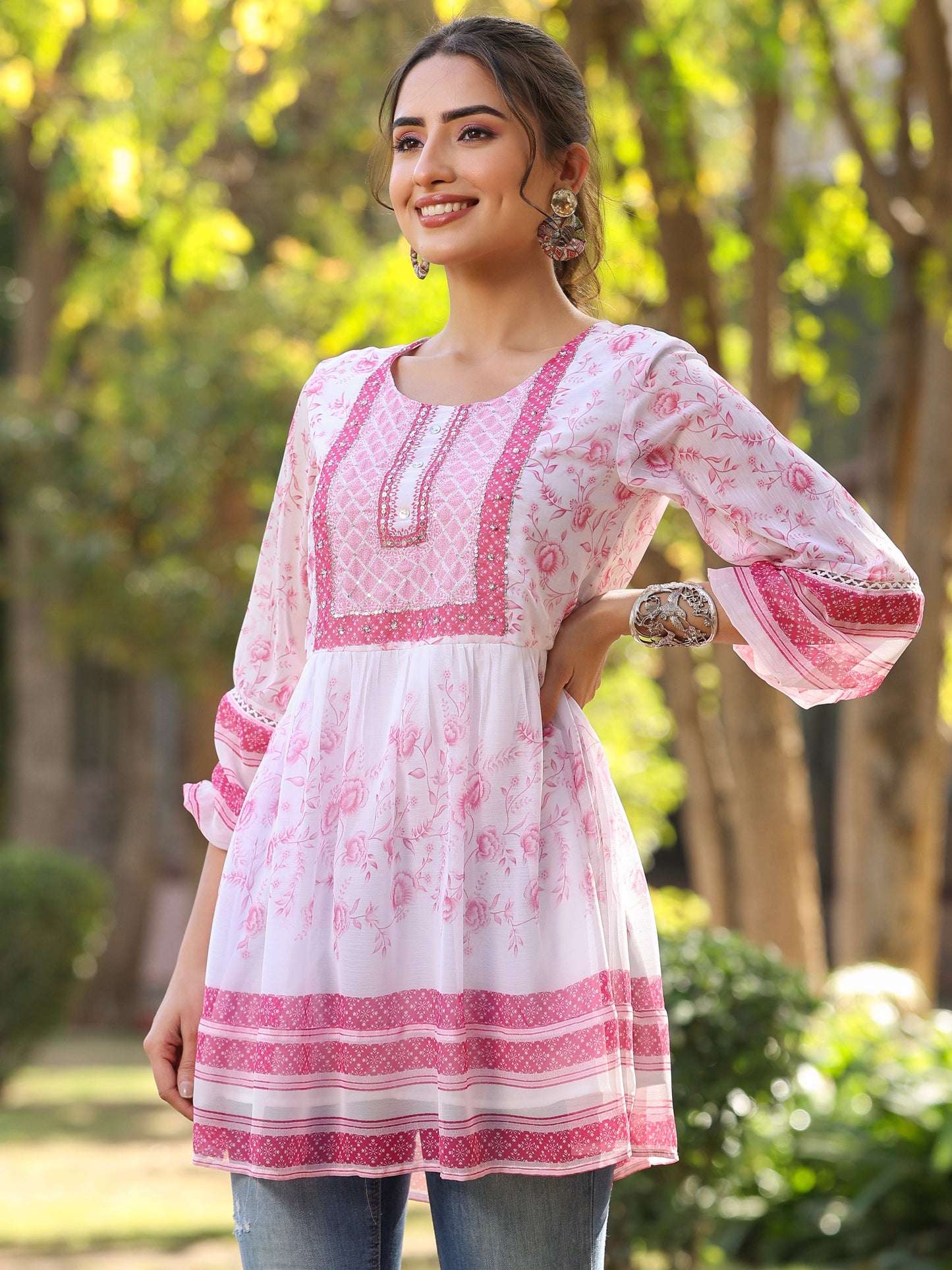 Pink Chiffon Floral Printed Peplum Tunic