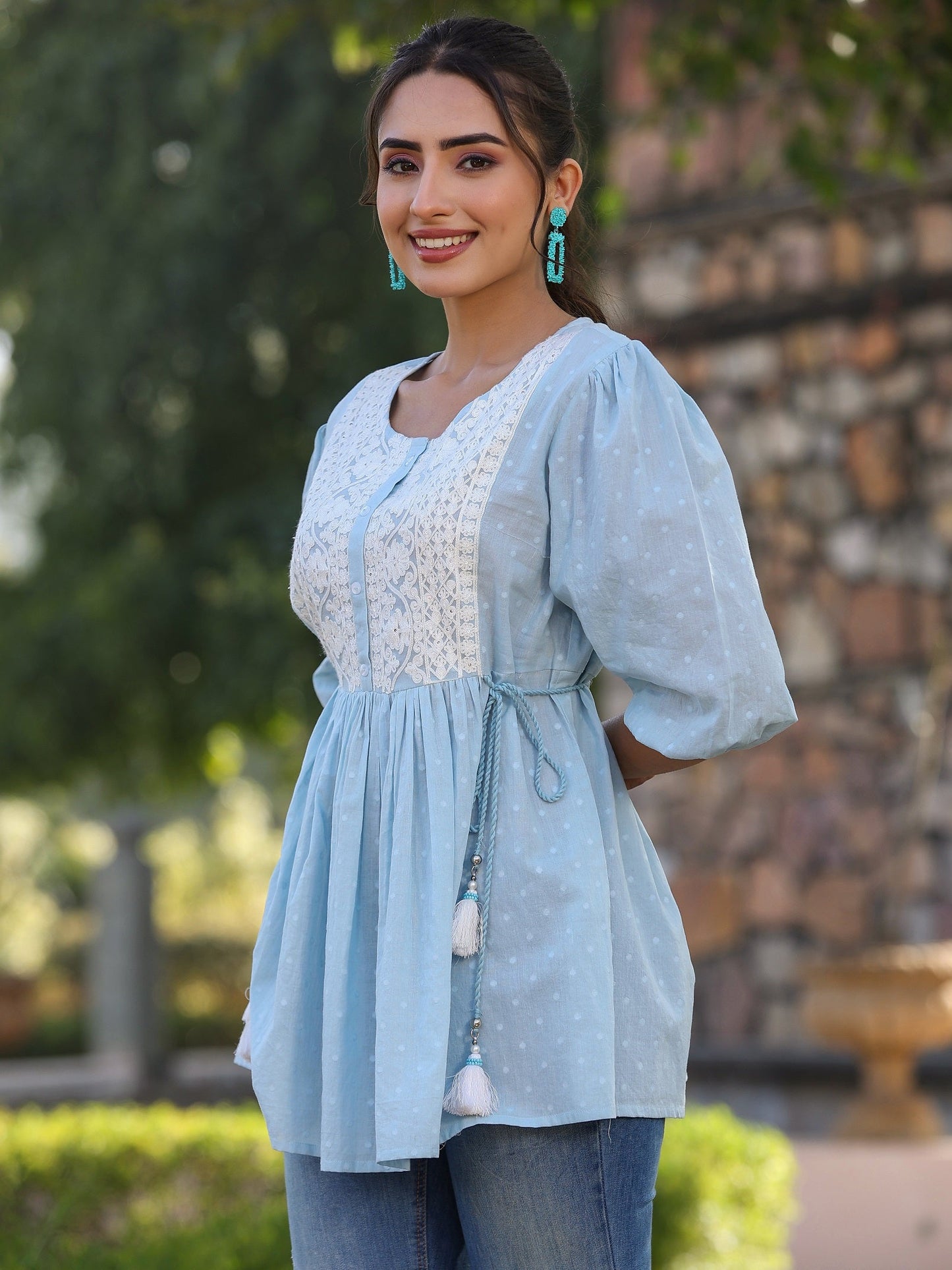 Blue Cotton Dobby Solid With Embroidery Straight Tunic