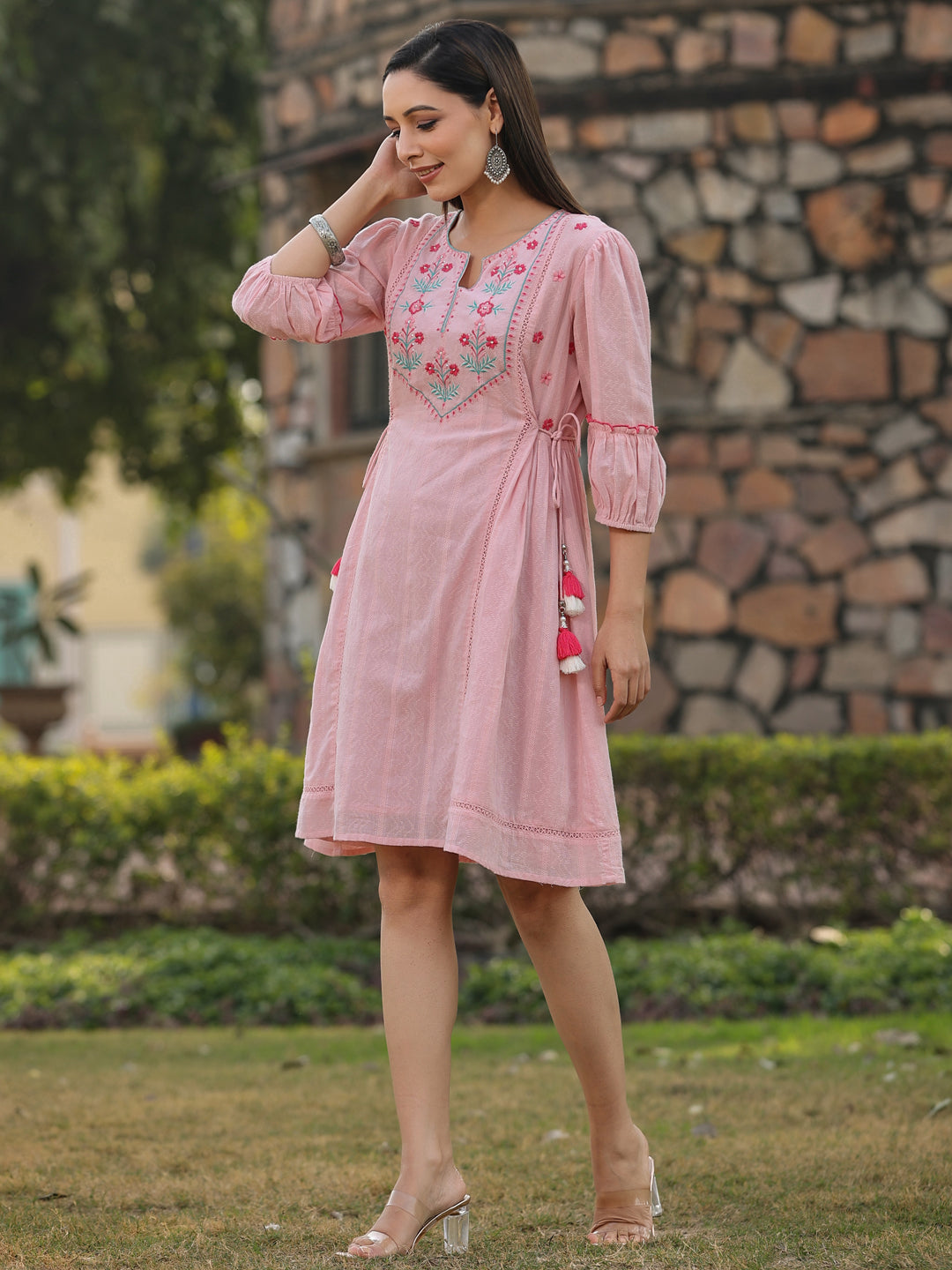Pink Cotton Dobby Embroidery Flared Dress