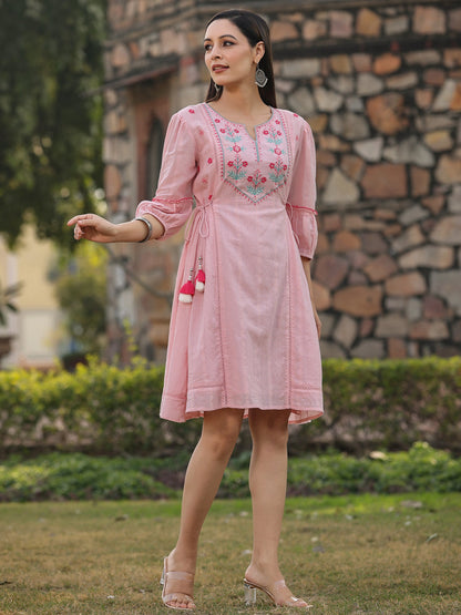 Pink Cotton Dobby Embroidery Flared Dress