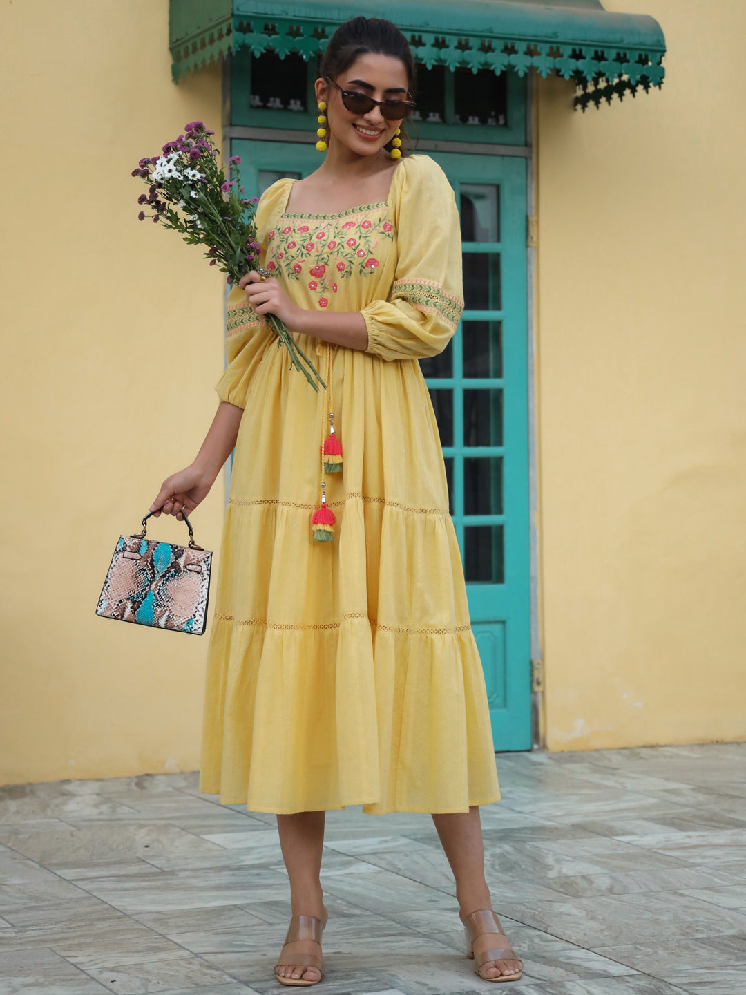 Yellow Cotton Dobby Embroidery Flared Dress