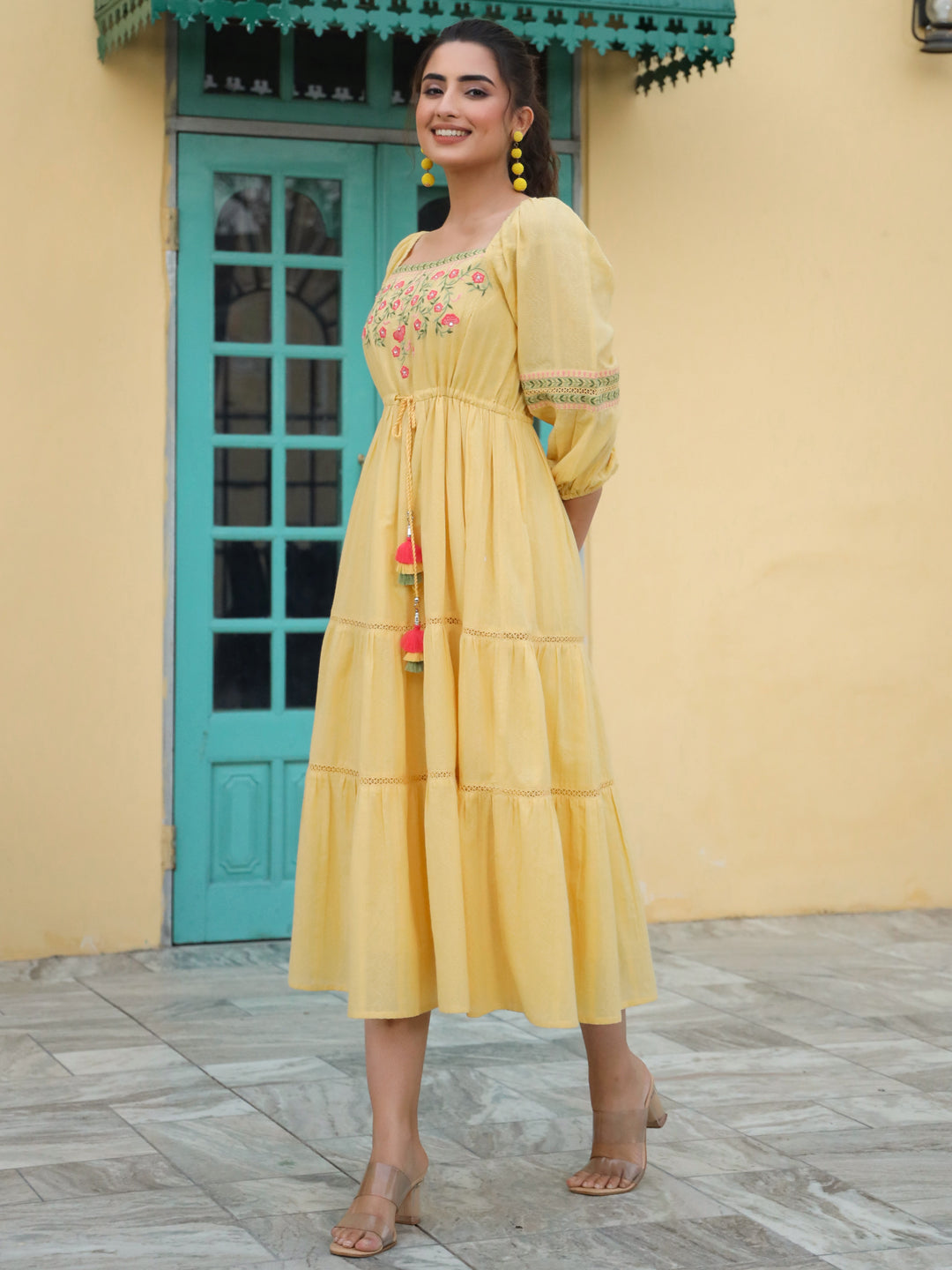 Yellow Cotton Dobby Embroidery Flared Dress