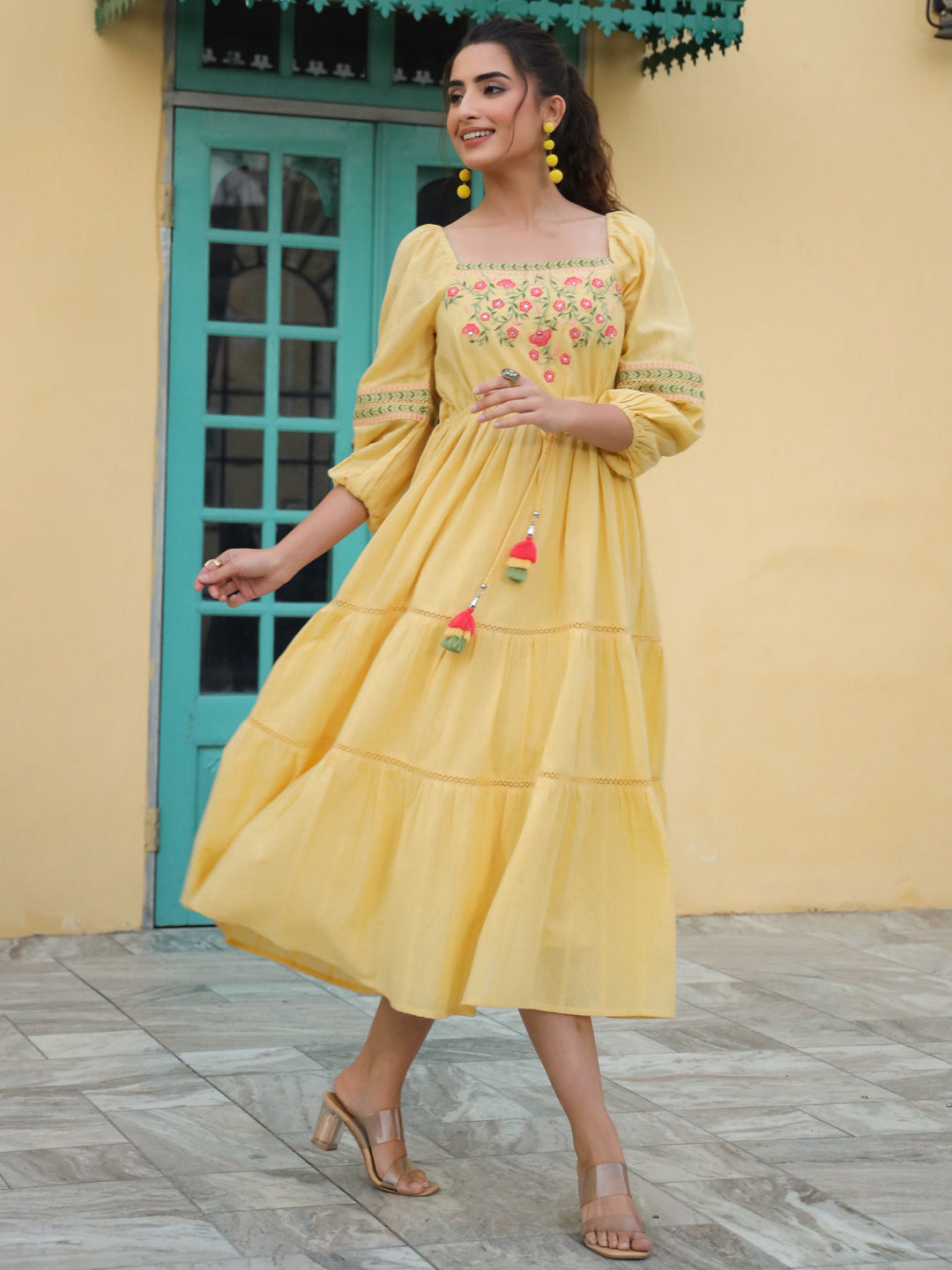Yellow Cotton Dobby Embroidery Flared Dress